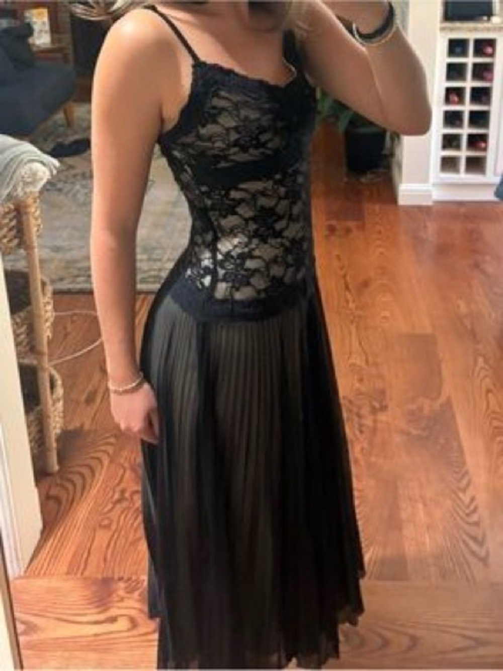 La Belle Black Lace Bodice Pleated Midi Dress Sz M Vintage Y2K